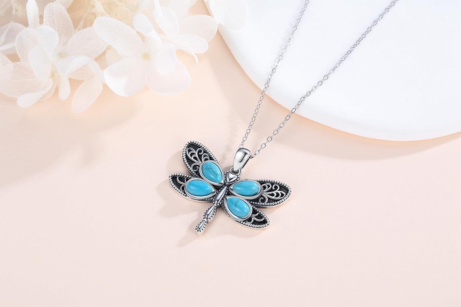 LES OSEWA Western Turquoise Necklace 925 Sterling Silver Dragonfly/Cow Skull/Horseshoe/Cactus Necklaces Western Country Jewelry for Women