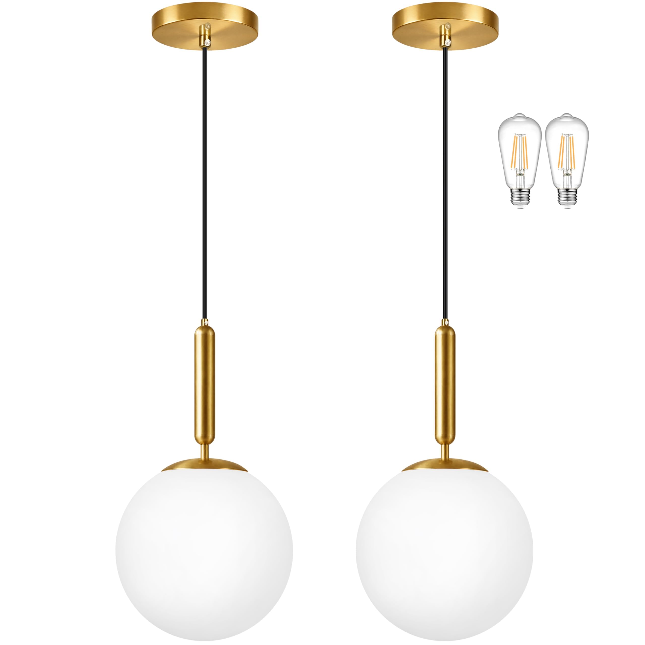Photo 1 of Mccokaige 10" Gold Modern Globe Pendant Light 2 Pack Mid Century Pendant Lights with Milky White Glass Hanging Light Fixture for Kitchen Island Dining Room Bedroom Living Room Entryway(Bulbs Incl.)