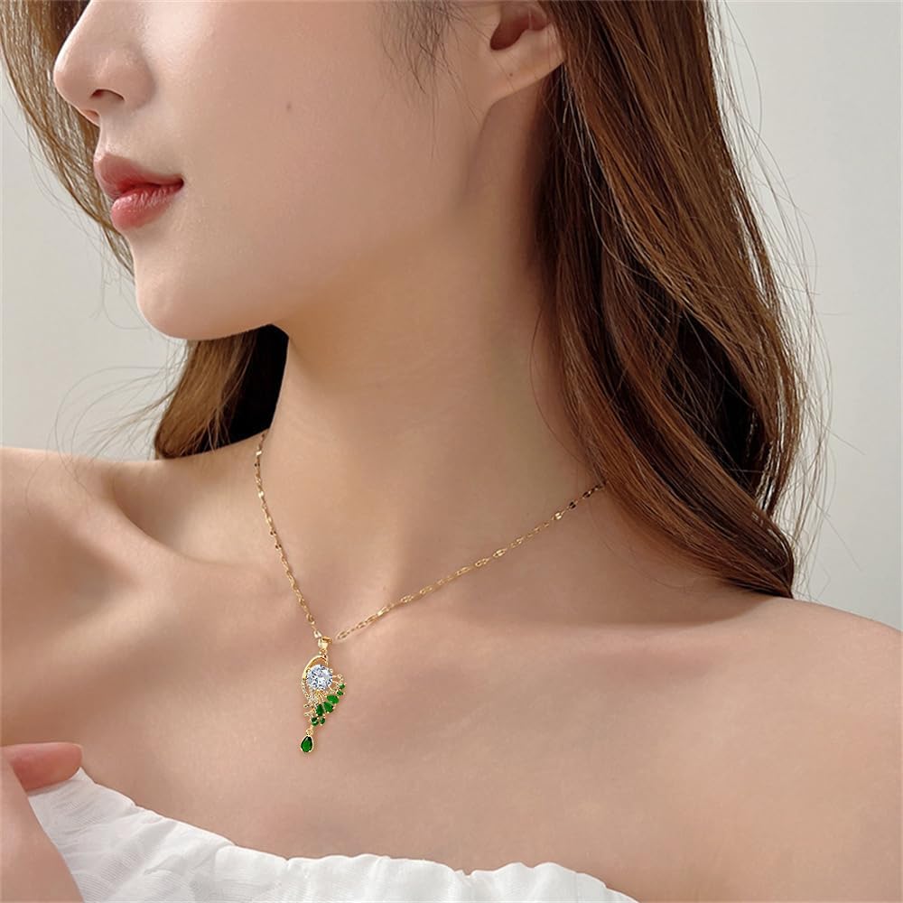 Gold Green Peacock Pendant Necklace for Women 14K Gold Plated CZ Crystal Love Heart Couple Birds Charms Link Chain Adjustable Necklaces Dainty Birthday Holiday Christmas Jewelry Gift 18" - Image 2