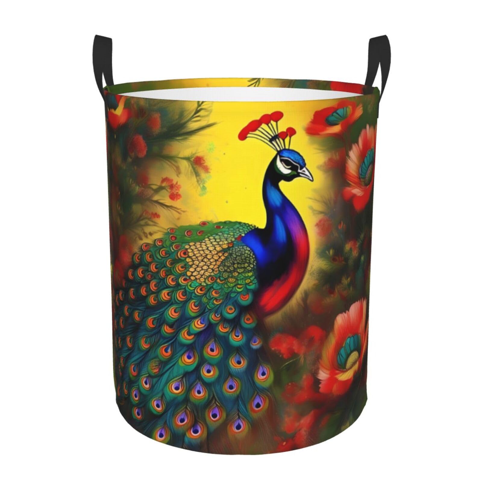 S Collapsible Peacock flowers Print Circular Hamper Round
