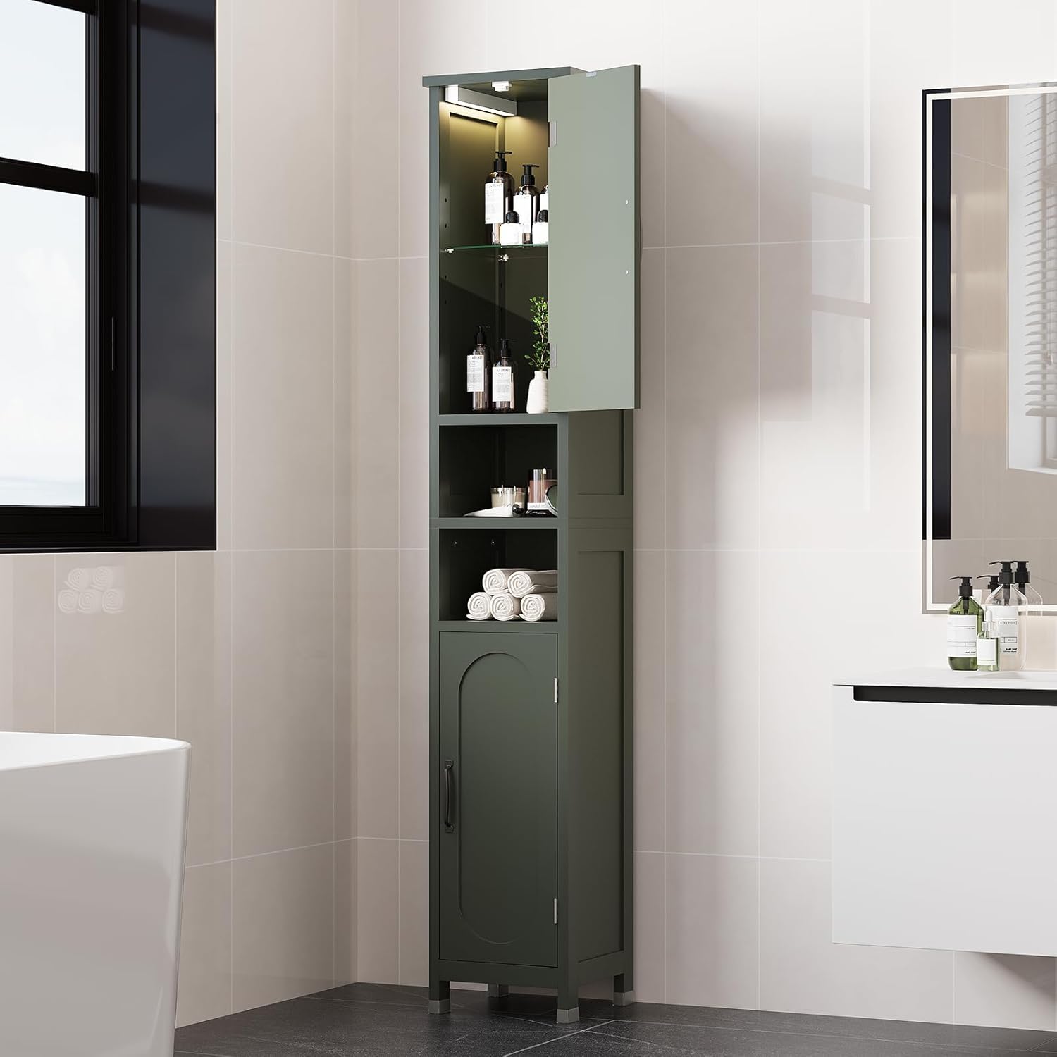 67" Tall Bathroom Storage Cabinet with Lights, Slim Narrow Bathroom Cabinet Organizer with Doors and Adjustable Shelves, Tall Cabinet for Small Space (66.9" Tall-Green with Light)