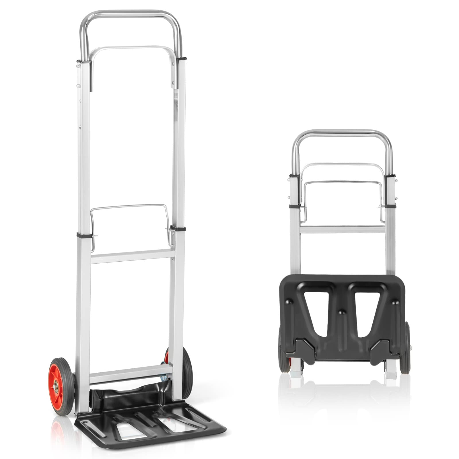 GYMAX Carrello Manuale in Alluminio, Carrello da Trasporto con Maniglia Regolabile in Altezza e Ruote, Carrello a Sacco Pieghevole per Magazzino, Garage e Giardino, Portata 100 kg, Argento + Nero