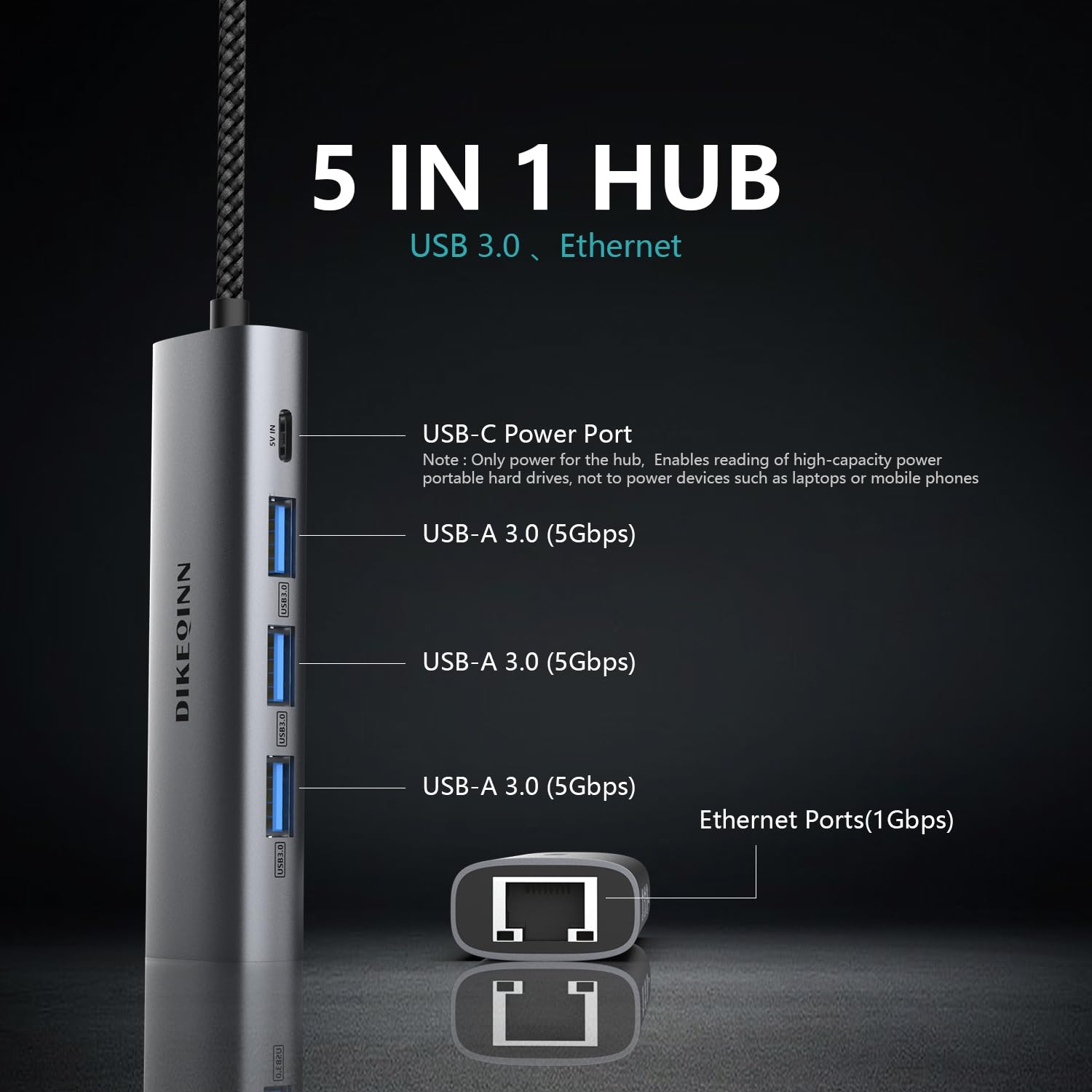 DIKEQINN USB 3.0 Hub with Gigabit Ethernet, 3-Port USB-A 5Gbps + USB-C Power Port for MacBook, Dell, HP, Surface (Plug and Play) (USB-A)