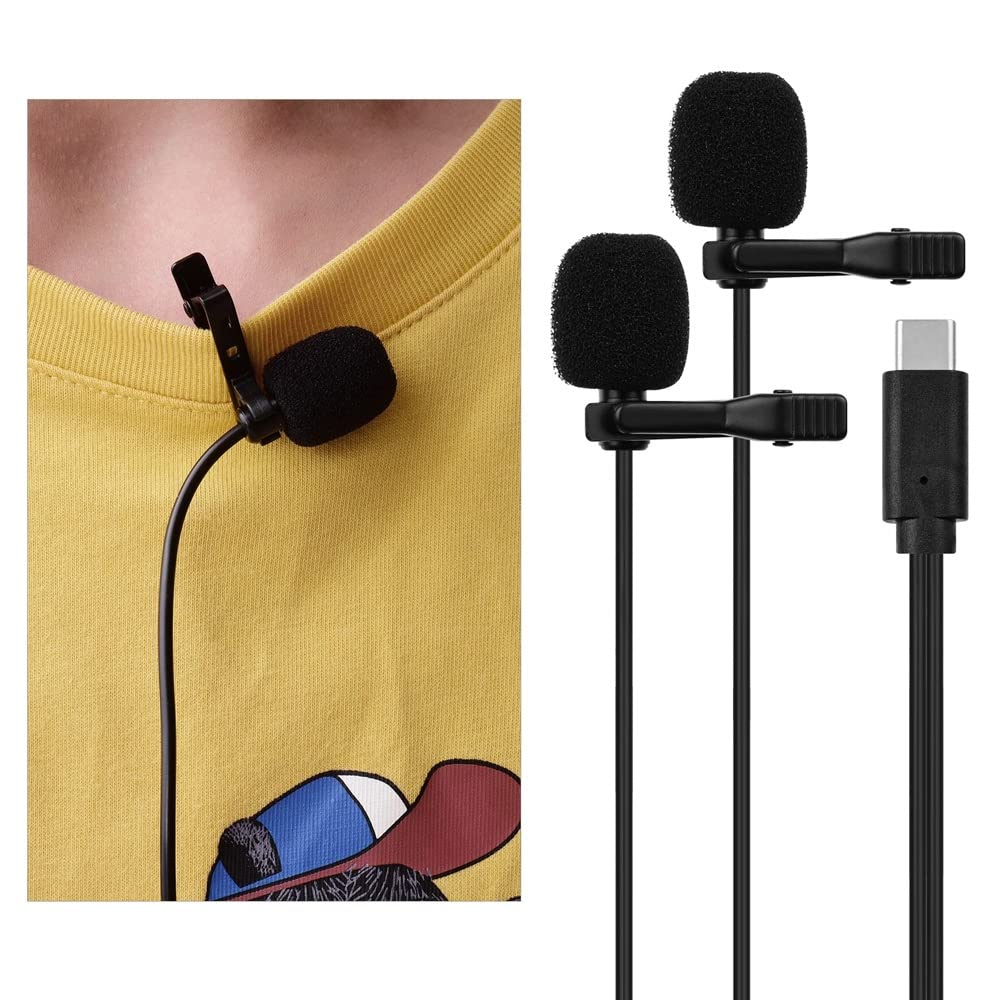 Microfono a Bavero Lavalier Microfono omnidirezionale a Clip Cavo a Doppia Testa da 2,5 m per USB di Tipo C per Registrazione Video di interviste