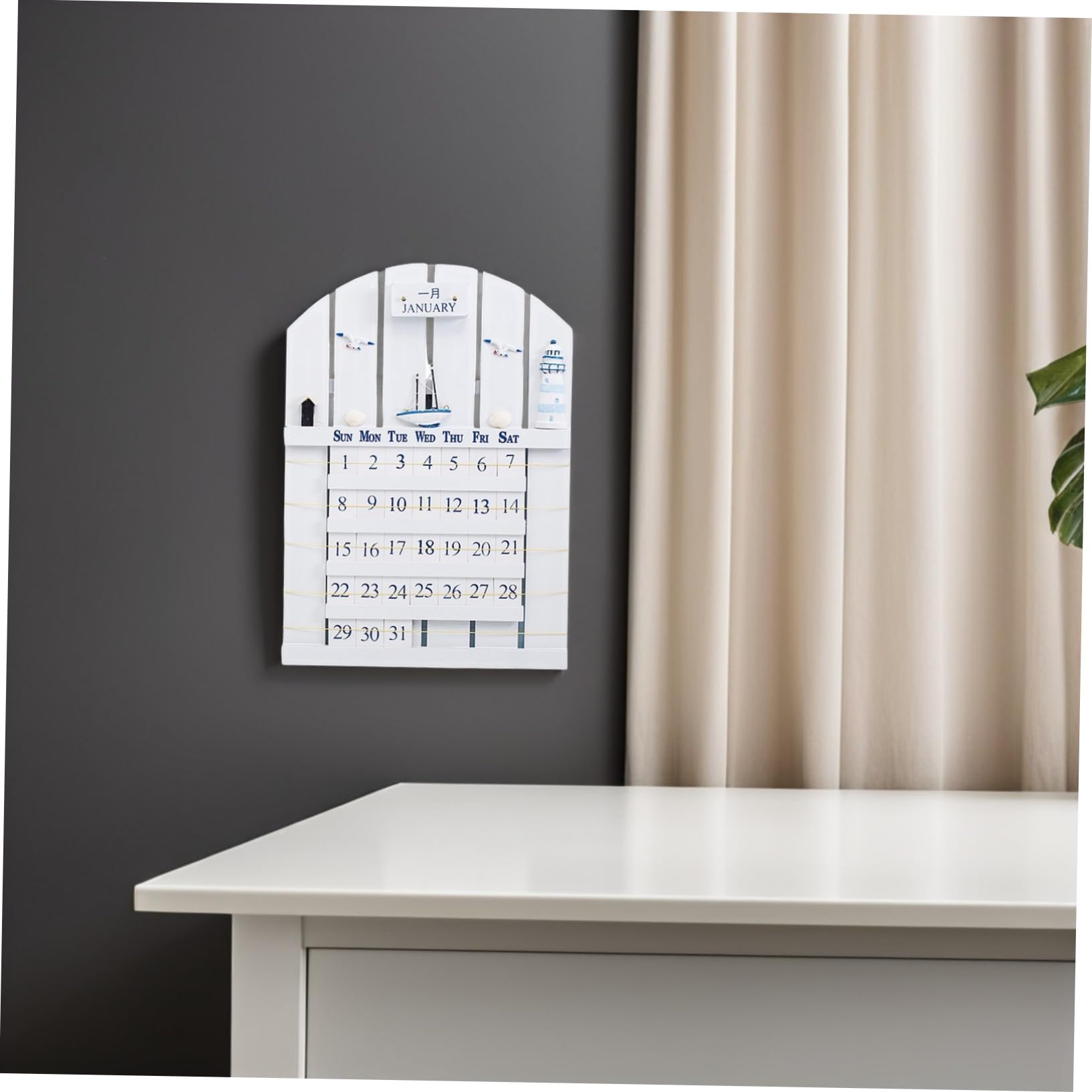 SHINEOFI Calendario Perpetuo y Fácil Cambio de Mes Estilo Mediterráneo de Madera Calendario de Pared Blanco Diseño Único para Decoracion Verano