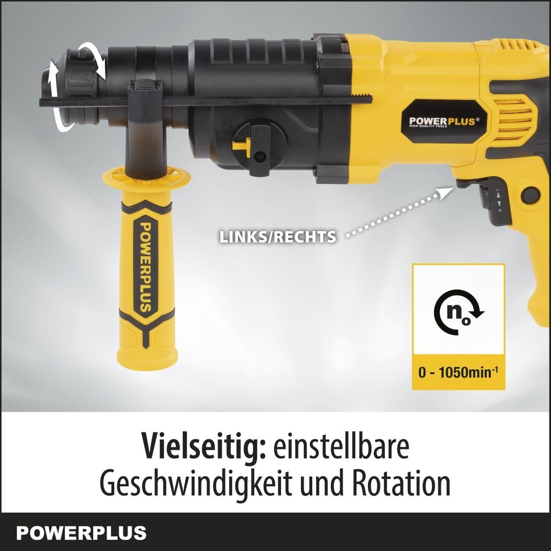 Powerplus POWX1170 wiertarka kombi do wiercenia w drewnie, metalu i betonie – wiertarka kombi jako wiertarka udarowa i młotek udarowy w zestawie z walizką, dłutem i akcesoriami