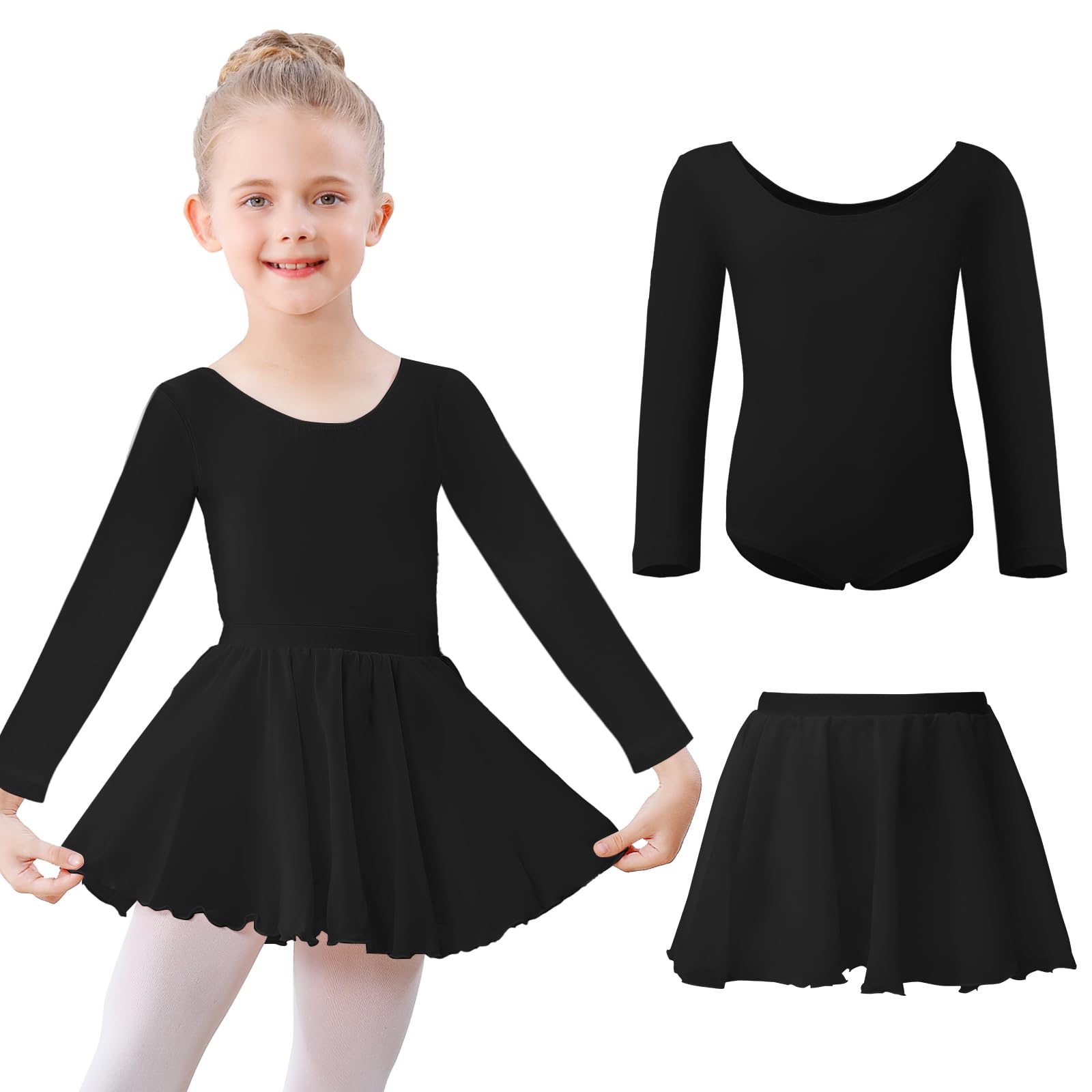 Kefiyis Ballettkleidung Mädchen Ballettkleid Langarm Ballettanzug Kinder Balletttrikot Tanzkleid Baumwolle Tanzbody mit Ballettrock Tütü Ballerina Kleid 3-11 Jahre