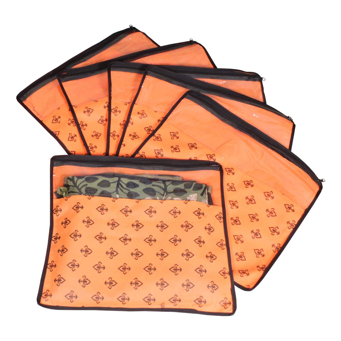 PrettyKrafts Non Woven Saree Covers with ZIP - Pack of 6, Size(16 × 14 Inches) Single Sari Storage Bags/Cover/Pouches for Packing New Sadi - Wardrobe Organizer for Sarees/Cloths With Window, Orange (B079CKGHCD) Amazon Price History, Amazon Price Tracker