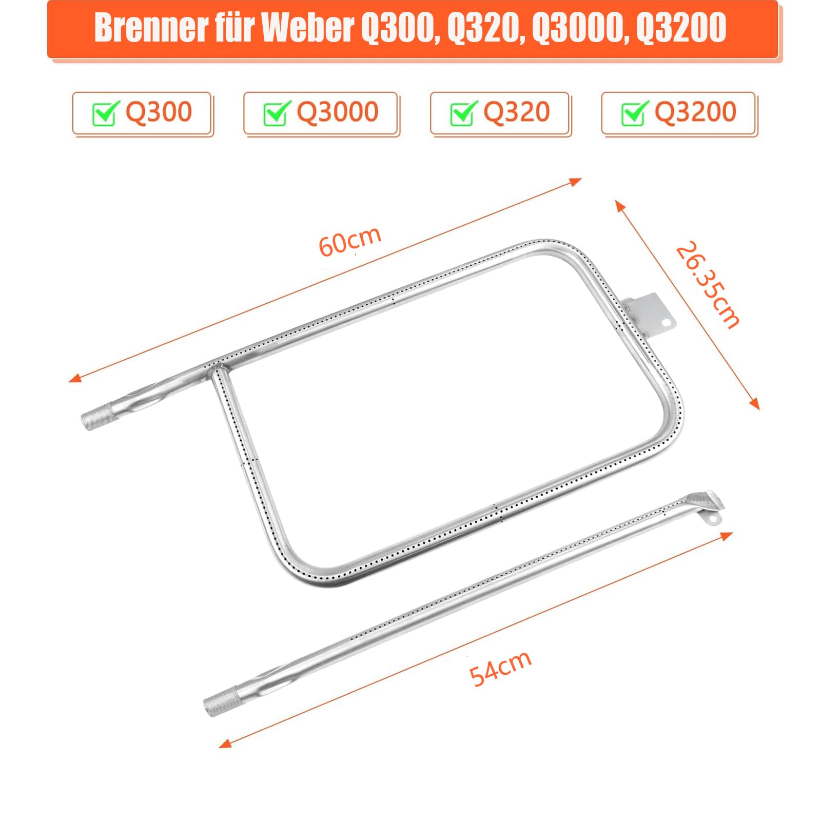 GFTIME 65032 Brenner Edelstahl für Weber Q300, Q320, Q3000, Q3200, 404341, 57060001, 586002 Gasgrill, Grill Brenner Ersatz für Weber 60036, 80385, 13122, 424001 426001