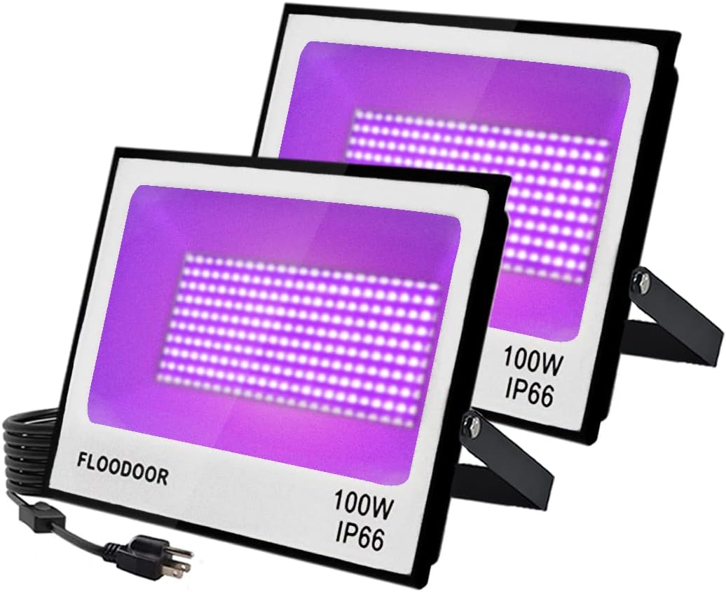 2 Pack 100W LED Black Lights for Glow Party with Plug and Switch, IP66 Waterproof Blacklight Flood Light for Blacklight Party, Halloween Lights, Body Paint, Black Light Poster