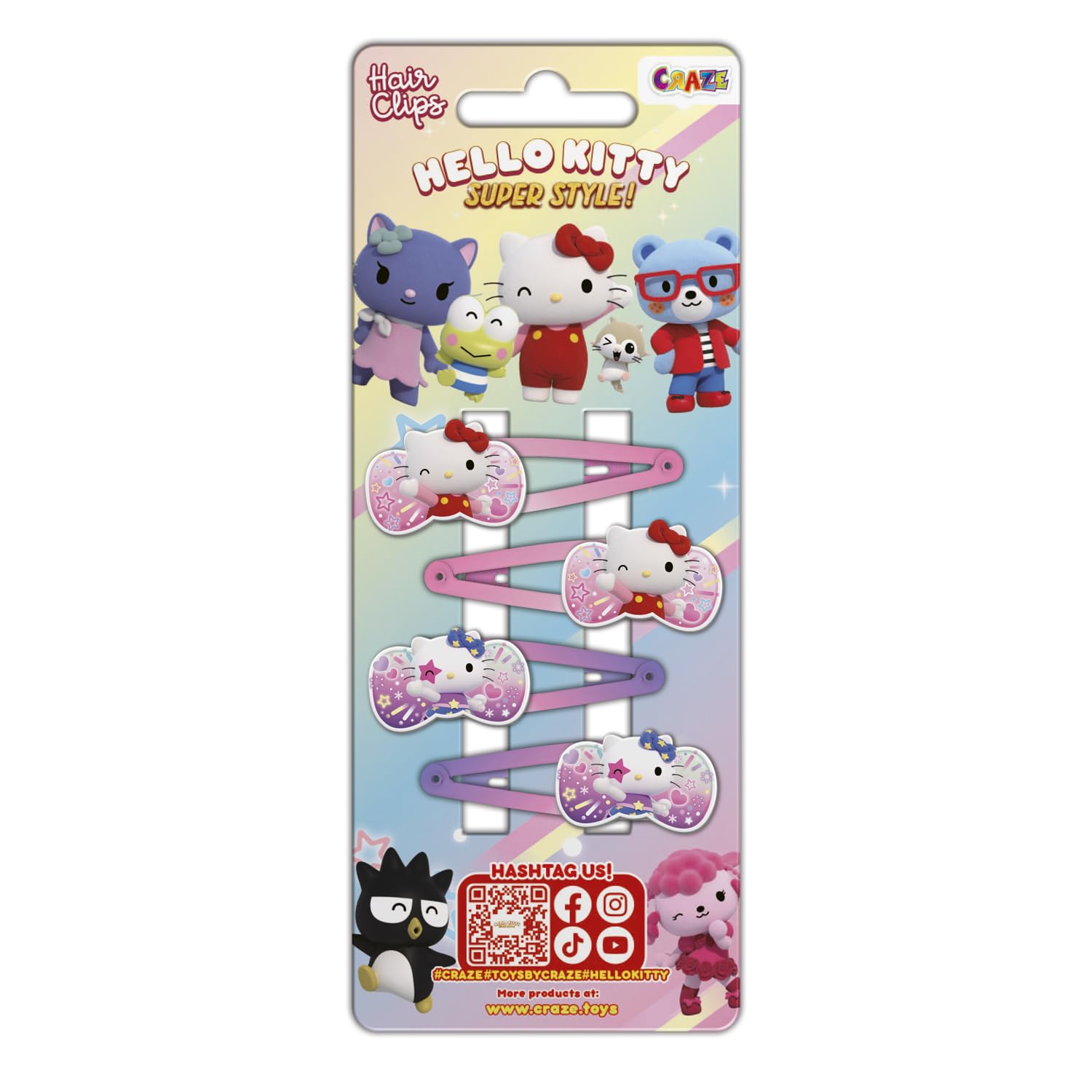 CRAZE Hello Kitty Hair Clip, 4 spinki do włosów dla dziewczynek Hello Kitty, Haczyki do włosów dla dziewczyn, 2 różne wzory (2 sztuki każdego), kolorowe klipsy