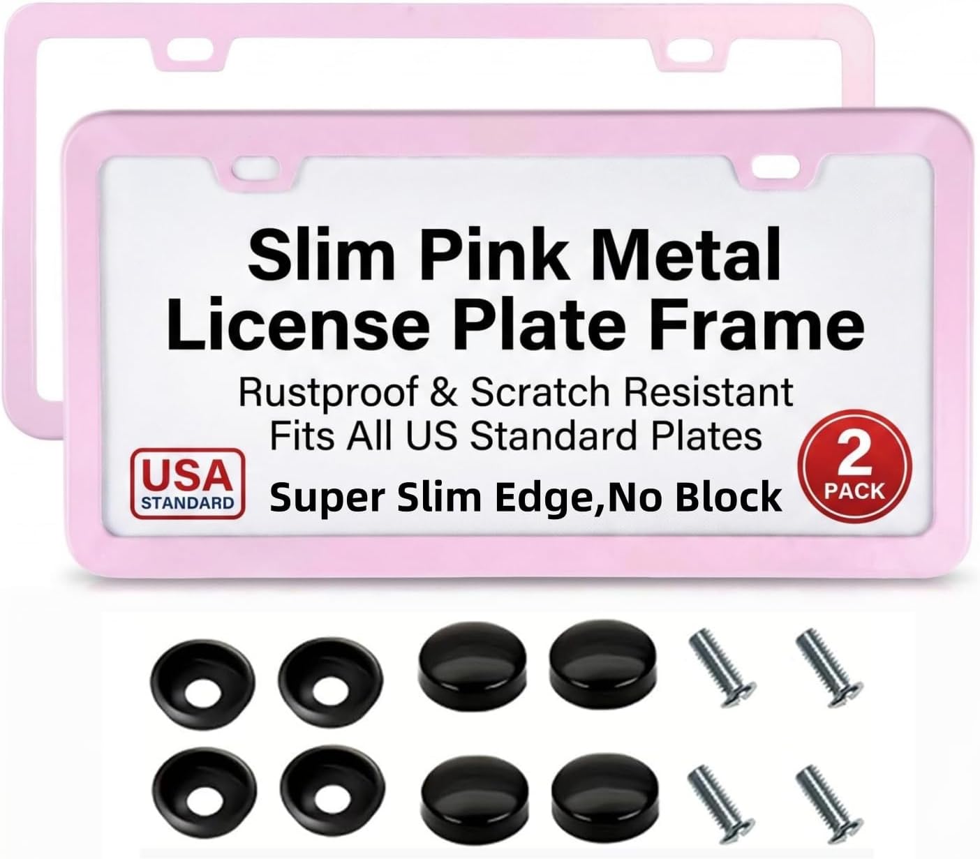 Fashion Super Slim Matte Cherry Blossom Pink Stainless Steel License Plate Frames, Weather Proof License Plate Cover for Women (2 Frames)