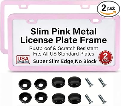 Fashion Super Slim Matte Cherry Blossom Pink Stainless Steel License Plate Frames, Weather Proof License Plate Cover for Women (2 Frames)