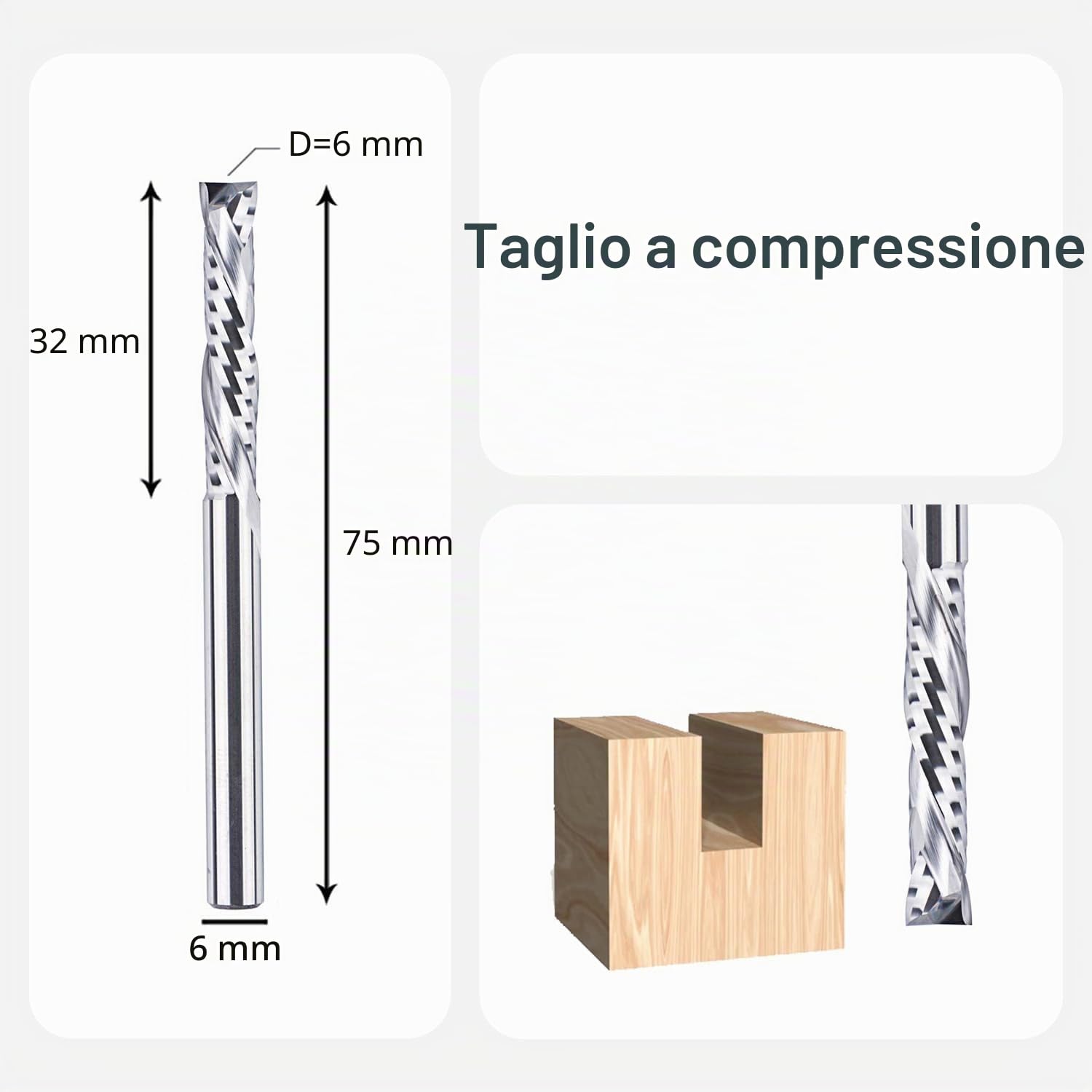 SpeTool 2 frese elicoidali da 6 mm, codolo a compressione, 32 mm, lunghezza di taglio extra lunga, fresa a spirale, fresa a spirale Up&Down VHM, fresa a a foro lungo, fresa per legno CNC