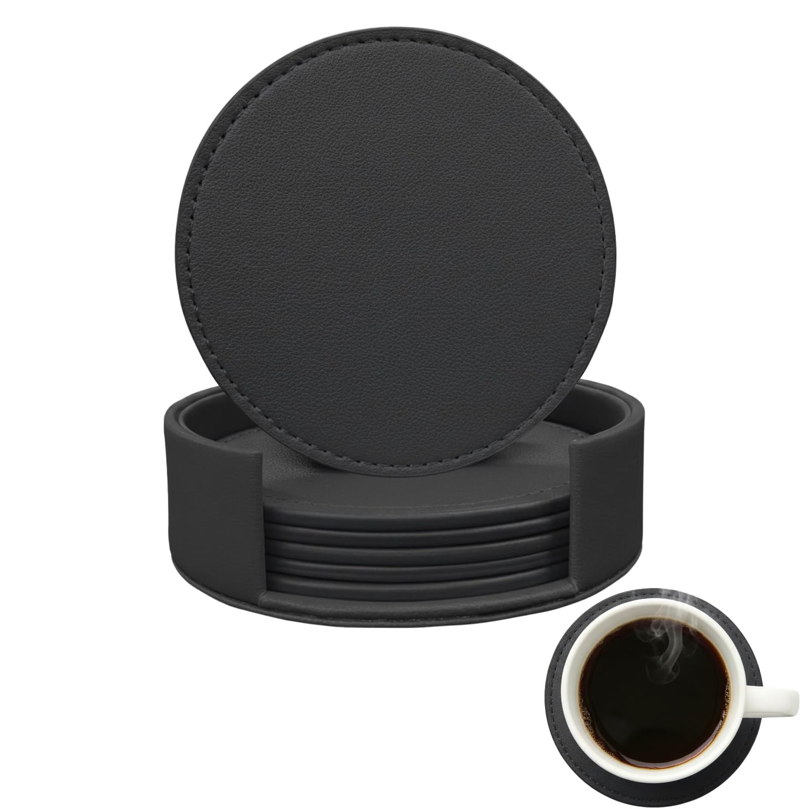 Coasters Set of 6 Soft Leather Drink Coaster Round Coaster with Sewing Around, Suitable for Various Cups, Wooden Tables, Home Decoration and Housewarming Gifts (Black)