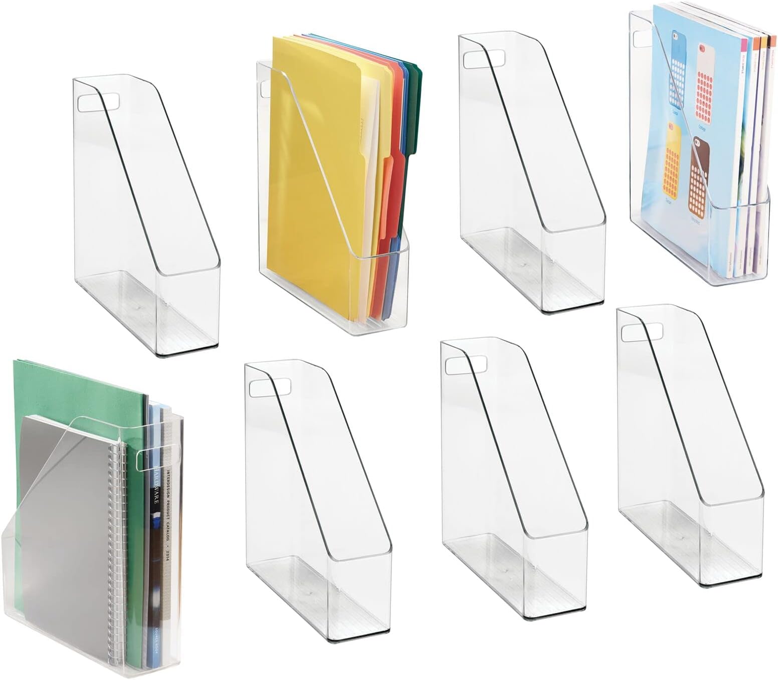 mDesignPlastic Slim Vertical File Folder Bin Storage Organizer With Handle - Hold Notebooks, Binders, Envelopes, Magazines - Container For Home Office, Work Desktops, Ligne Collection, 8 Pack - Clear