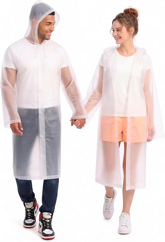 Rain Coats (2 Pack) - Waterproof Reusable Rain Ponchos with Hood and Snap Buttons - Lightweight, Durable - Raincoat for Men & Women - Clear Unisex Design