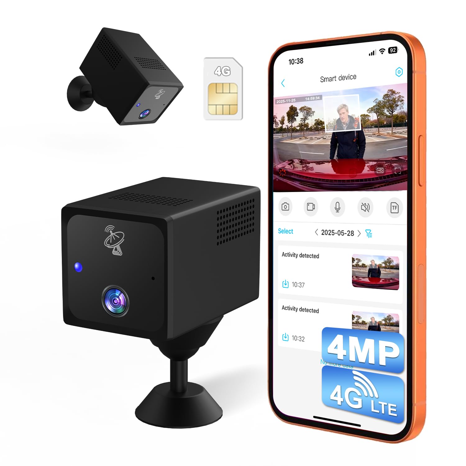 UCOCARE Camara Vigilancia SIM, 4MP 4G LTE Videovigilancia sin Internet con Tarjeta SIM, Mini Camara Coche sin WiFi, Bateria 5200mAh, Detección Movimiento Radar, Visión 160°, Vision Nocturna