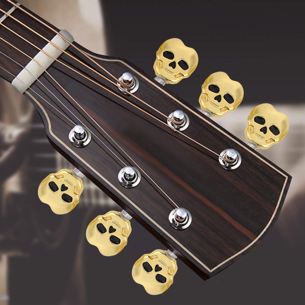 6pcs Skull Shape Tuning Peg Button for Folk Electric Guitar - Exquisite, Plated, Decorative with Adapter Rings and Screws for Guitar Installation (Gold) Guitar Tuning Peg