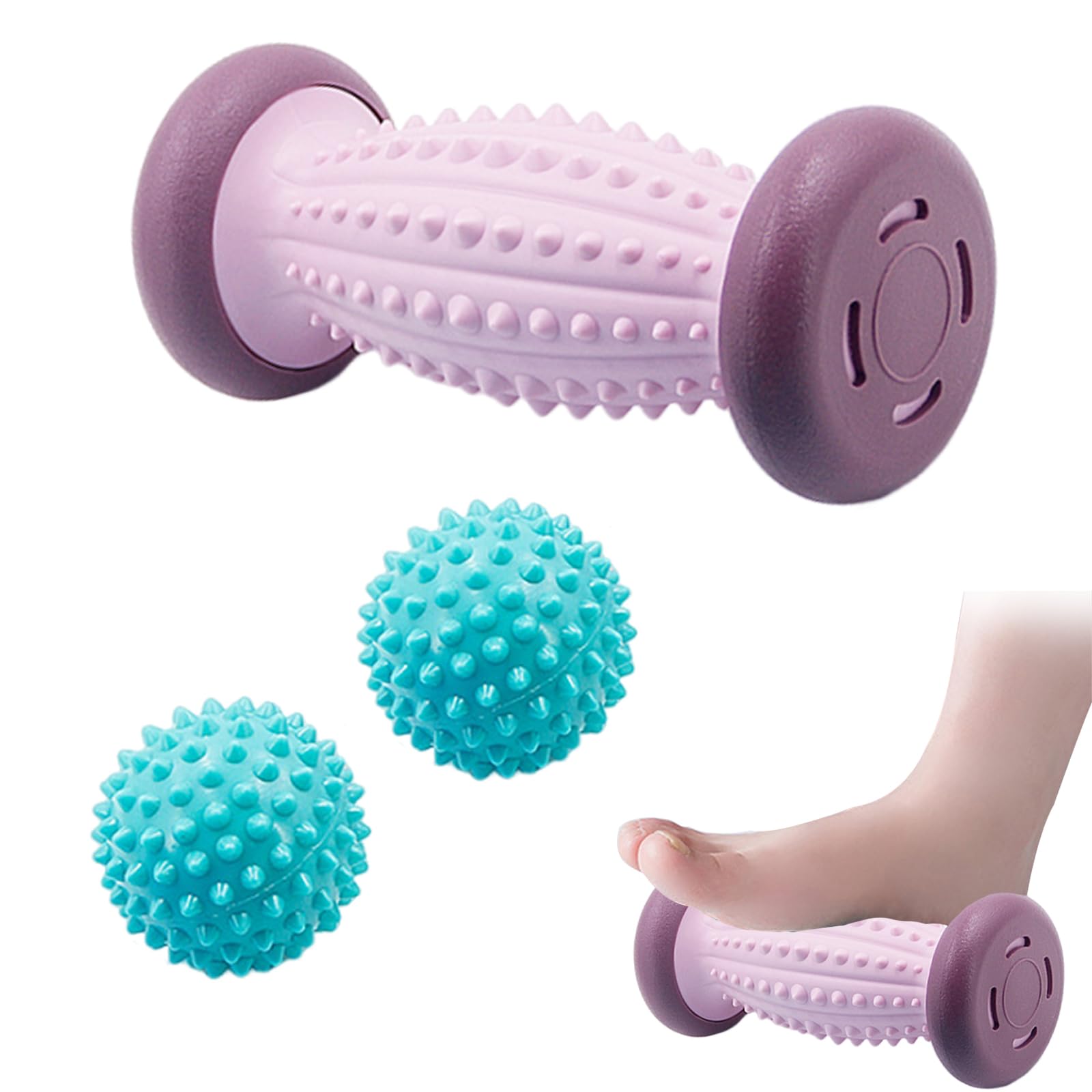 Vueinrg Rodillo Fascitis Plantar + 2 Pelota Fascitis Plantar, Rodillo Masaje Pies, Rodillo de Masajeador de Pies para Fascitis Plantar Muscular Masaje Acupresión (Violeta)