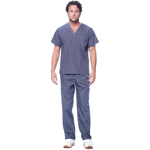 Dagacci Scrubs for Men Set - V-Neck Scrub Top and Cargo Pants - 8 Pockets Men Scrubs Set