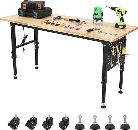 Rolling Garage Work Table,Adjustable Height Workbench Heavy Duty,24" D x 60" W Wood Work Bench with Pegboard, Power Strip and Hooks,