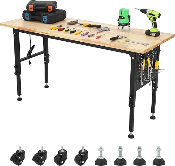 Rolling Garage Work Table,Adjustable Height Workbench Heavy Duty,24" D x 60" W Wood Work Bench with Pegboard, Power Strip and Hooks,