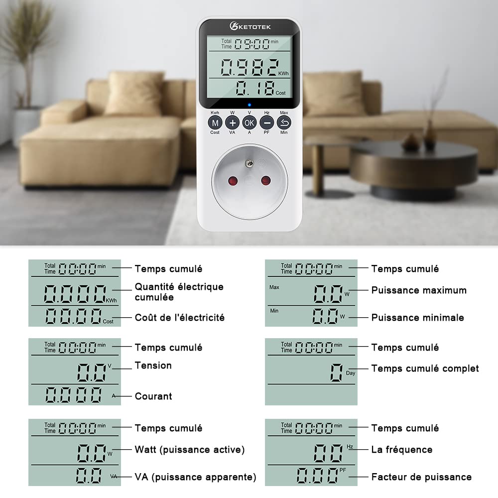 KETOTEK Contadores de Energía Vatimetro Toma, Digital Consumo Energético Medidor 3680W Medidor Eléctrico con Pantalla LCD Medición Consumo Energético Medidor de Consumo