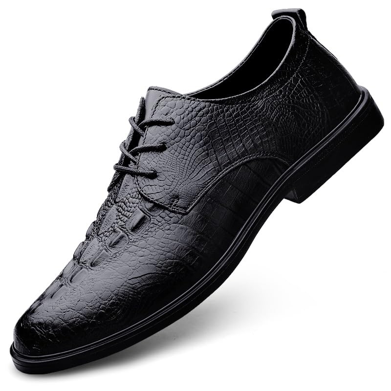 Dress Oxford Shoes for Men Lace Up Round Toe Leather Crocodile Print Derby Shoes Non Slip Block Heel Low Top Slip Resistant Prom(Black,6)4