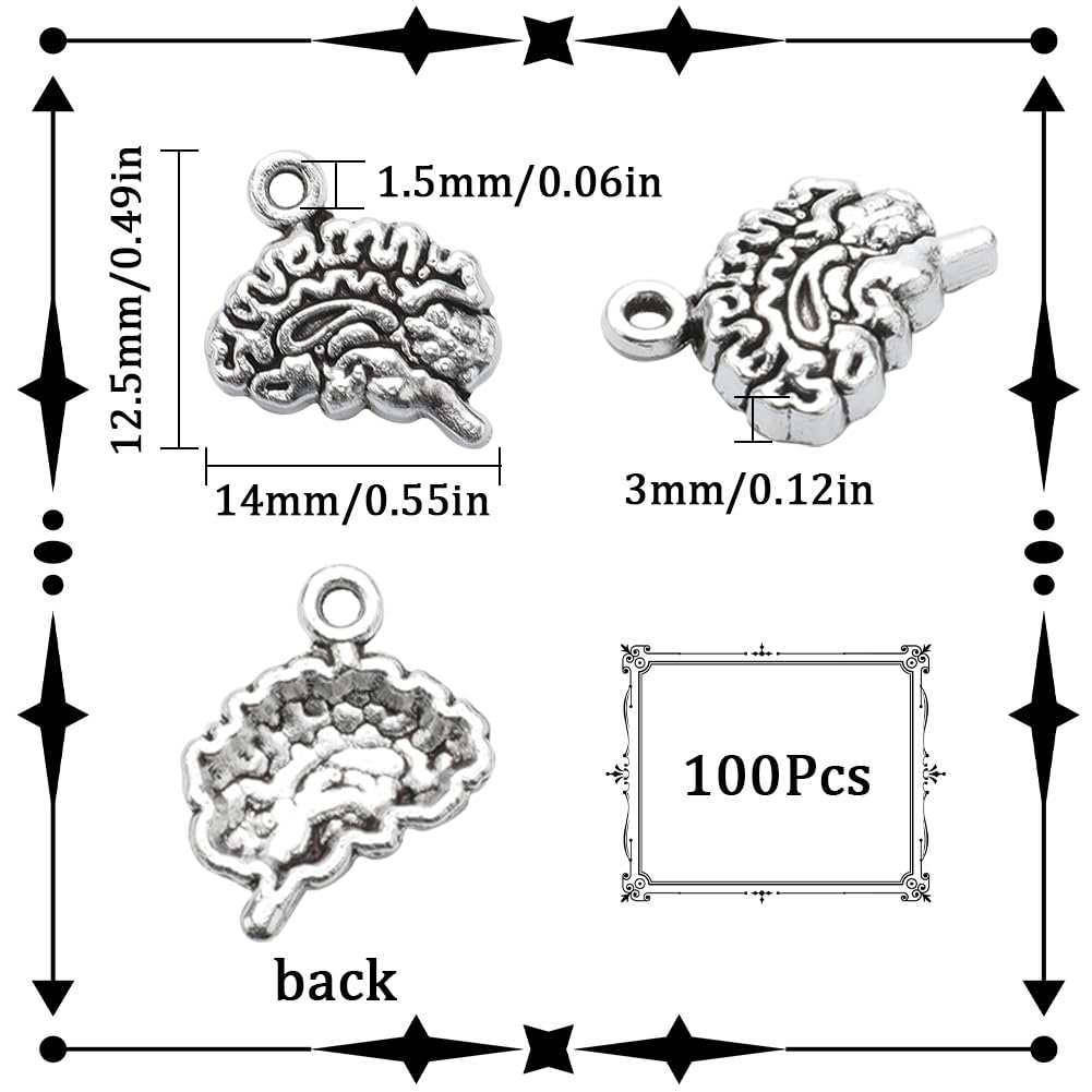 SUNNYCLUE 1 Scatola 100 Pezzi Ciondoli per Cervello Ciondolo per Cervello Laurea in Massa Cervelli Anatomici Ciondolo Anatomia Umana Lega Stile Tibet Spaventoso Scienza Medica Cre