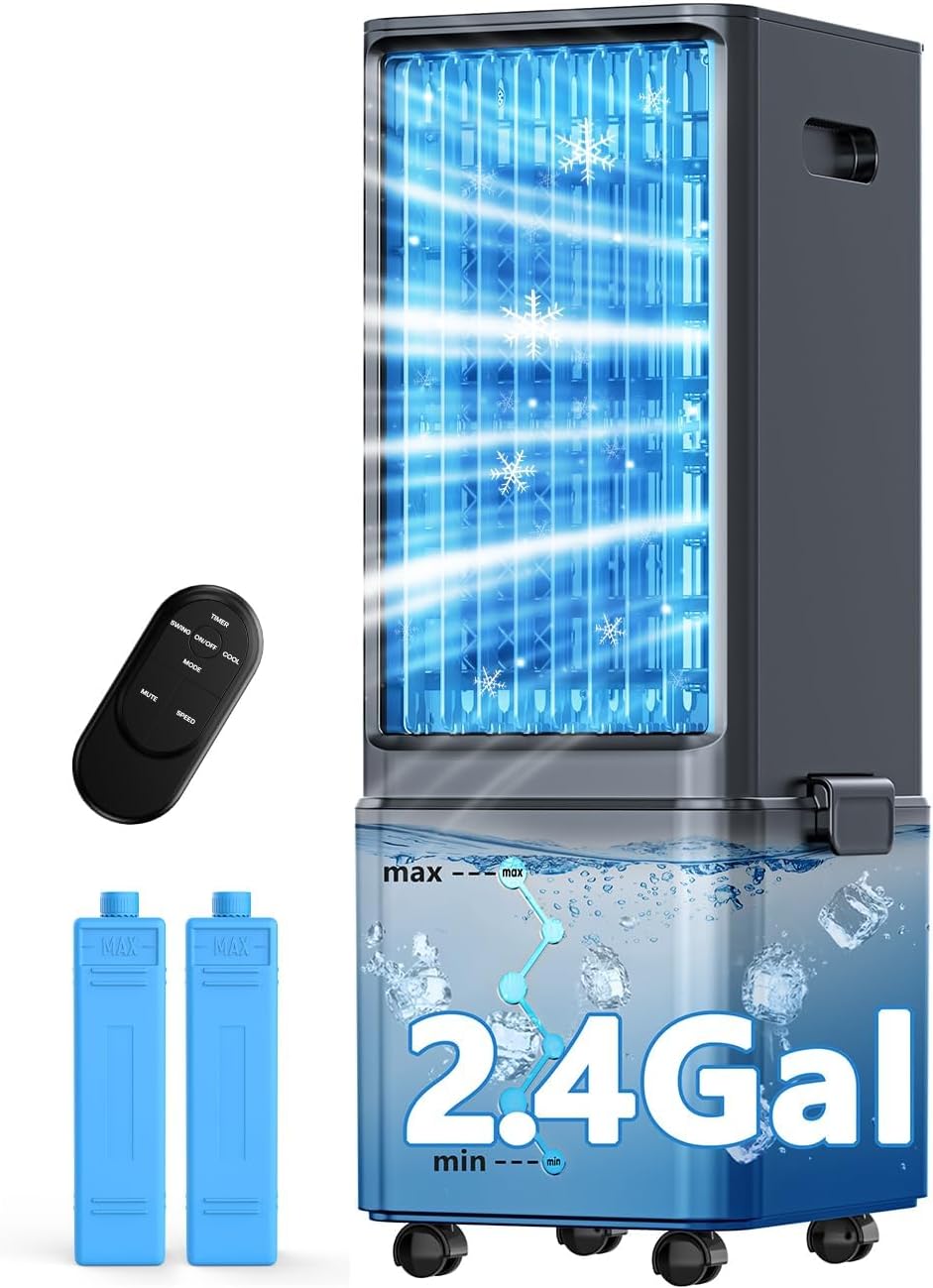 Windowless Air Conditioner w/4 Modes& 3 Speeds, Waterless Alert, 2.4-Gal Tank for 20H Cooling, 12H Timer, 2 Ice Pack,Remote, 70° Auto Swing Evaporative Air Cooler, Portable AC Unit for Bedroom