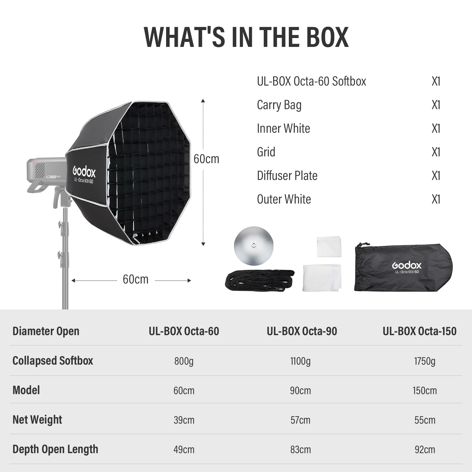 GODOX UL Softbox para fotografía, video, estudio, retrato y fotografía de productos (octa 60)