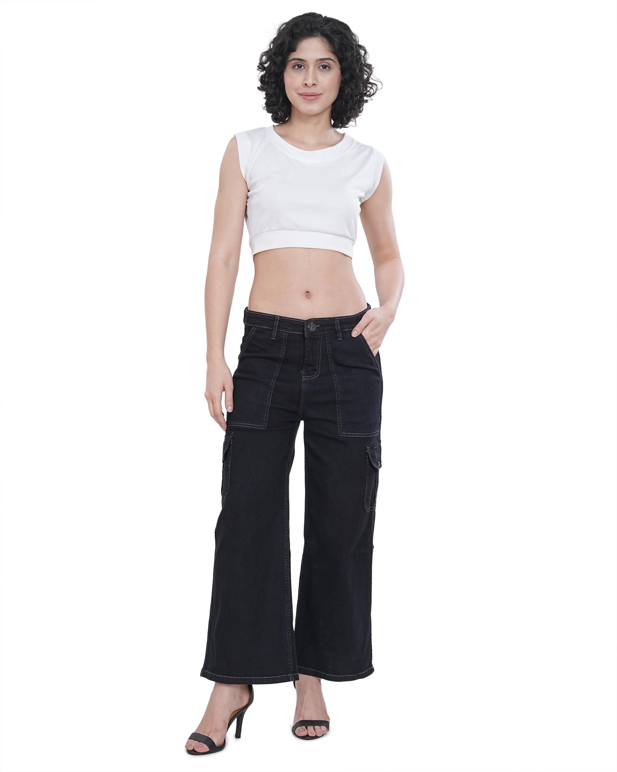 Women's High-Waist Wide-Leg Cargo Jeans with White Stitching – Black Utility Denim Pants (IN, Numeric, 26, Regular)