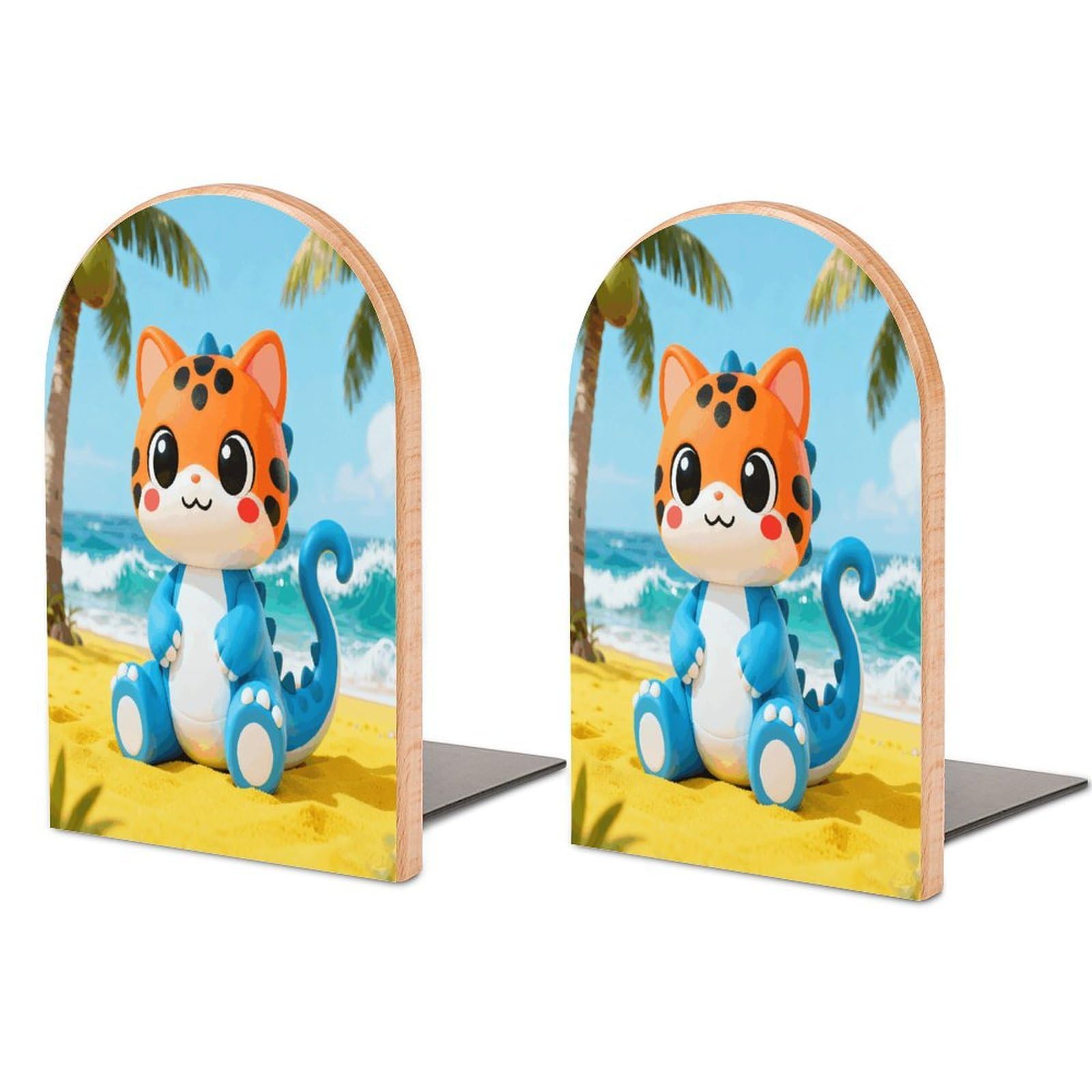 Cat Dinosaur Book Ends Wood Non-Skid Bookend for Shelves Heavy Duty Bookends with Metal Base Decorative Books Stopper Desk Organizers Book Dividers for Office Home 1 Pair