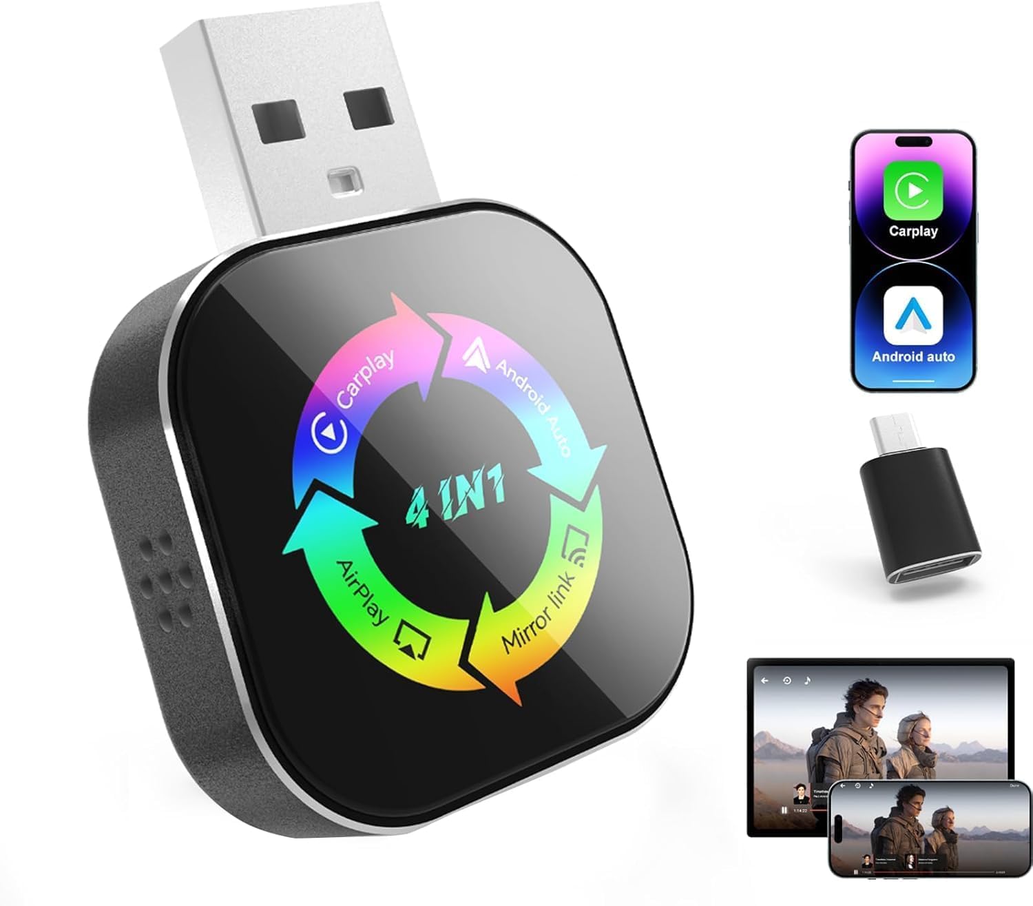 View 1 of 2026 Upgraded Wireless Carplay Adapter, 4 in 1 Screen Mirroring Support Mirror Link/AirPlay for Apple CarPlay & Android Auto, Mini USB/Type-C Plug & Play Car Play Adapter, Wired to Wireless No Latency