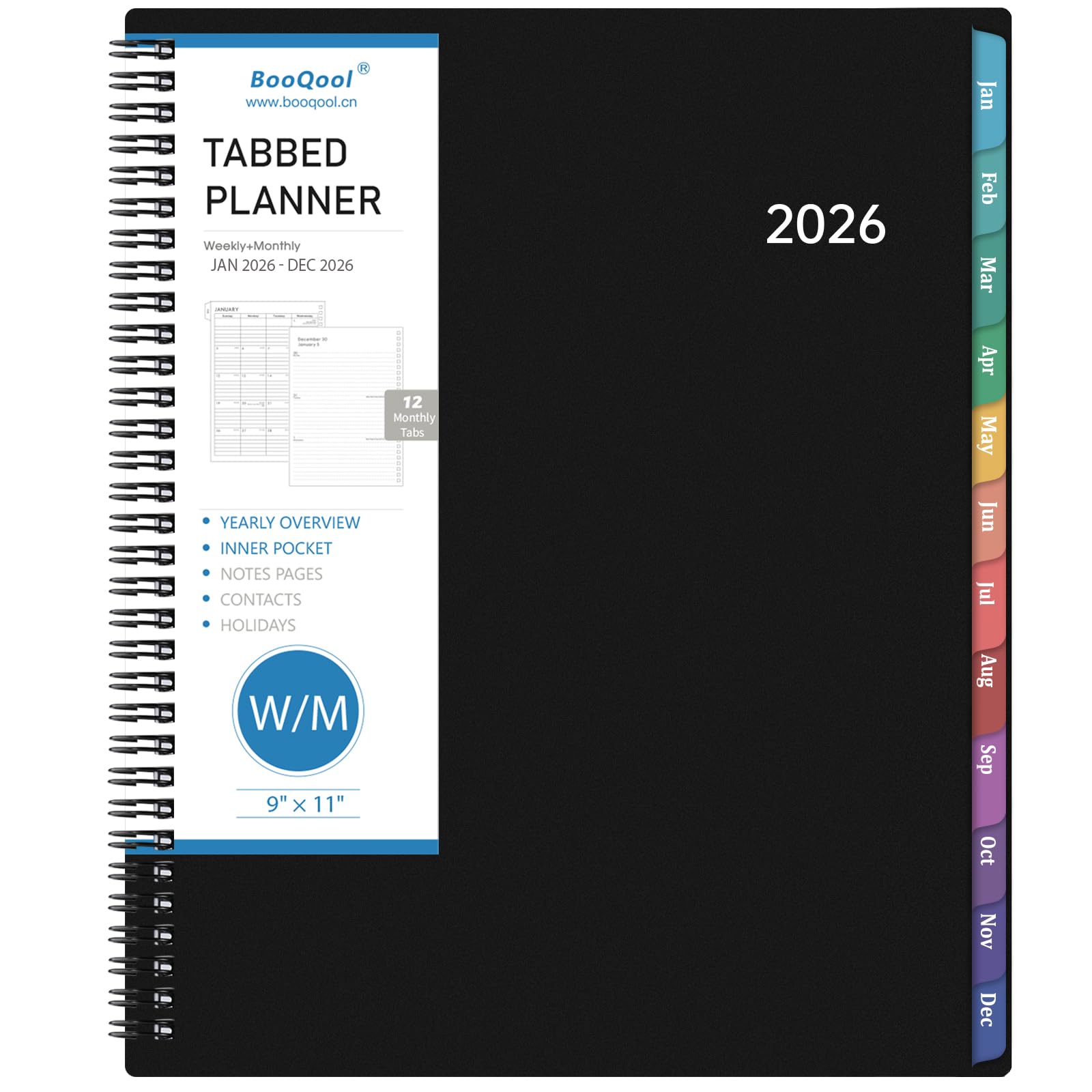 2026 Planner – Planner 2026 Weekly and Monthly, 9" x 11", Large, Jan 2026 – Dec 2026, 12 Monthly Tabs, Strong Twin-Wire Binding, Inner Pocket, Hardcover, Black
