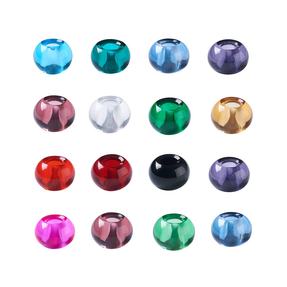 Cheriswelry 200pc Handmade Lampwork Glass European Beads Rondelle Large Hole Charms Crystal Loose Space Slide Charms no Metal Core 5mm Hole fit Snake Chains Bracelet 14x8.5~10mm for DIY Jewelry Making