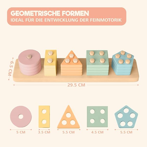 Sweety Fox Montessori Spielzeug ab 1 Jahr - Holz Sortier & Stapelspielzeug, 1 2 3 Jahre -Aktivitäts & Entwicklungsspielzeug aus Holz in Pastellfarben – Montessori - Lernspielzeug für Kleinkinder - 5
