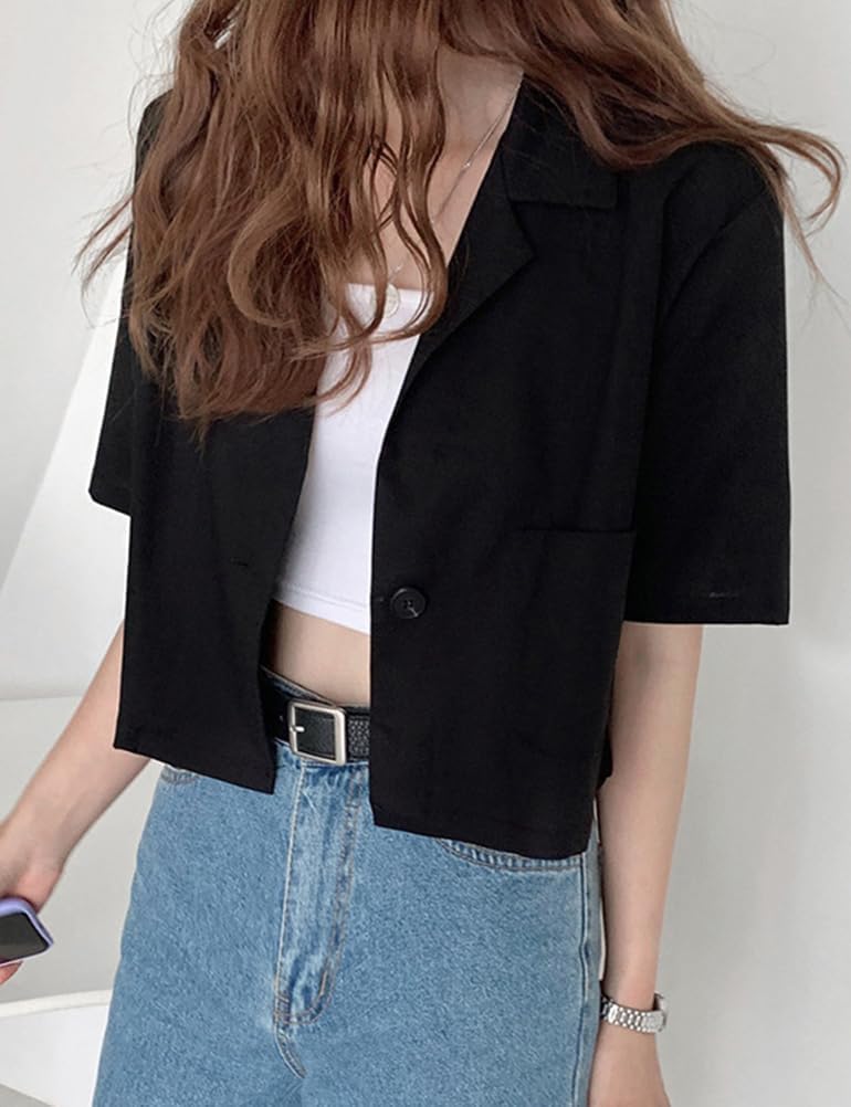 Hecatombic Blazer da Donna in Cotone a Maniche Corte Allentato Tinta Unita Blazer Corto da Ufficio Estivo Giacca da Lavoro con Bottoni Slim con Risvolto Estivo