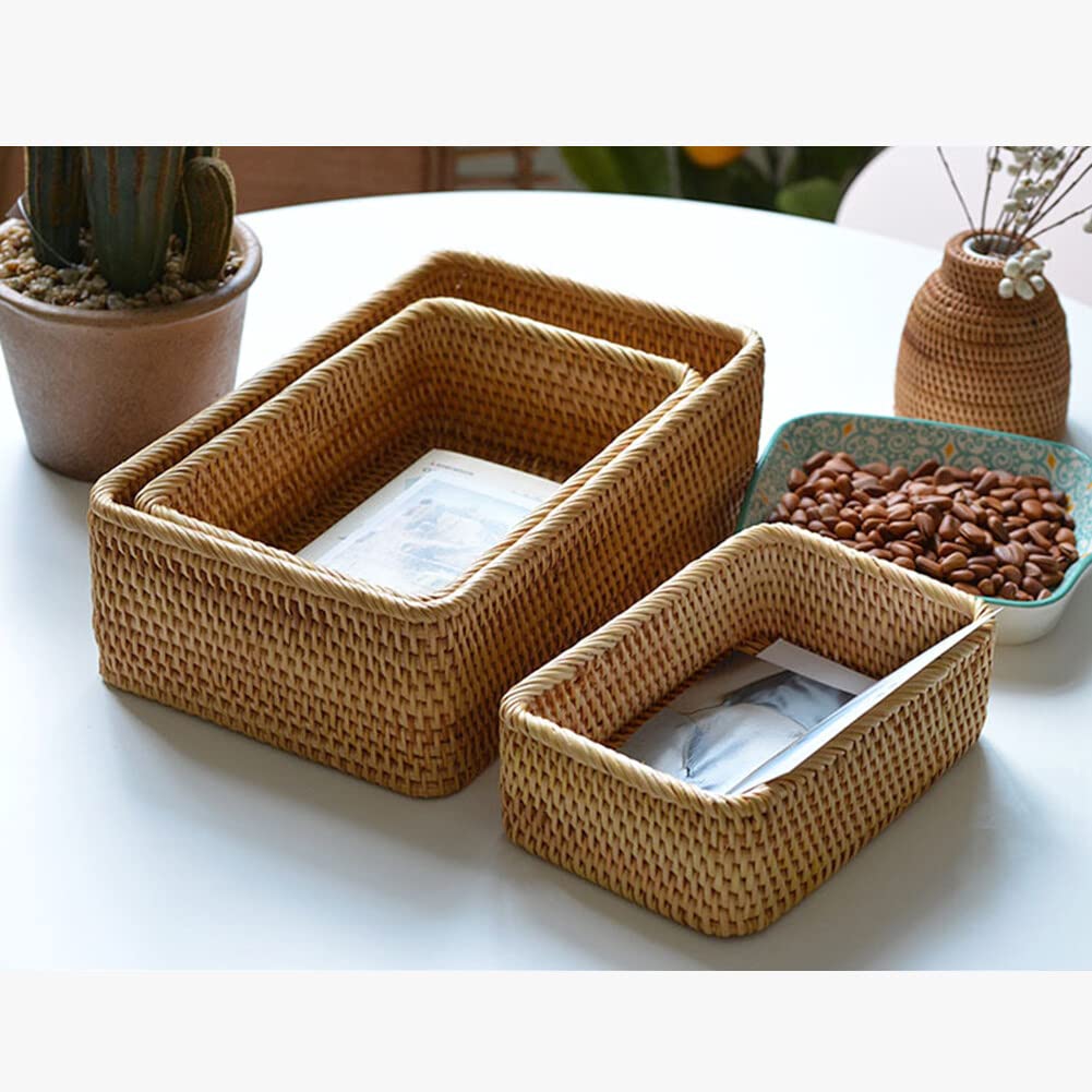 Uposao Rectangular Rattan Storage Baskets Organizer Box Stackable Woven Wicker Box Home Decor Fruit Plate Picnic Basket for Kitchen Bedroom - Image 2
