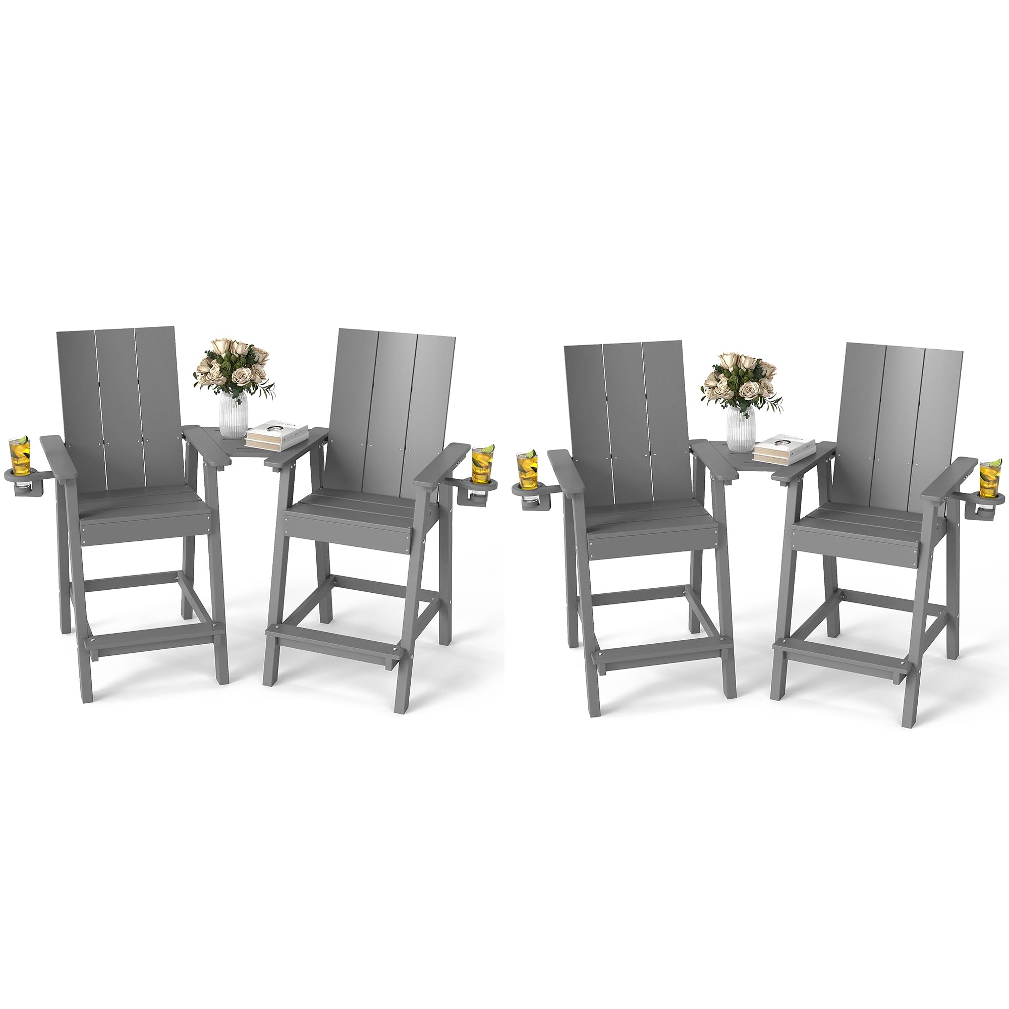 FOOWIN Tall Adirondack Chairs Set of 4,HDPE Adirondack Bar Stools with Connecting Tray & Cup Holders,Weather Resistant Balcony Chair for Outdoor Deck