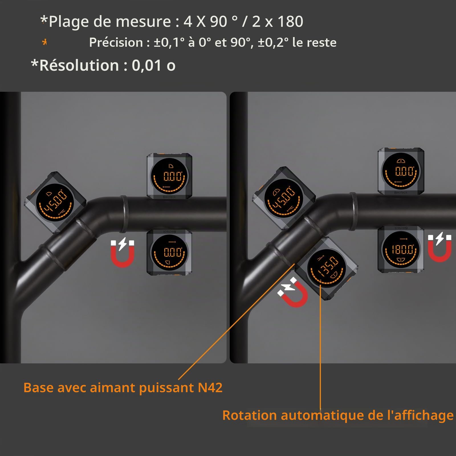 Neoteck Inclinomètre Numérique LED Rechargeable Goniomètre Haute Précision ±0,1° Rapporteur d'Angle Niveau Digital Base Magnétique Puissante Mesure d'Angle 4 Modes IP54 pour Menuiserie BTP Auto Noir