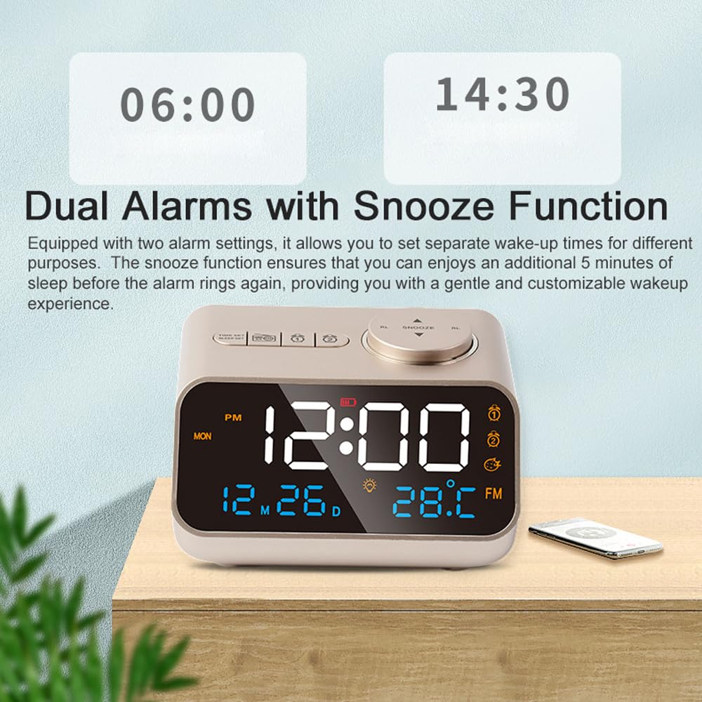 Réveil multifonction avec radio FM, horloge numérique LED rechargeable avec affichage de la température et de l'humidité, prend en charge l'activation du son, la luminosité / le volume réglable