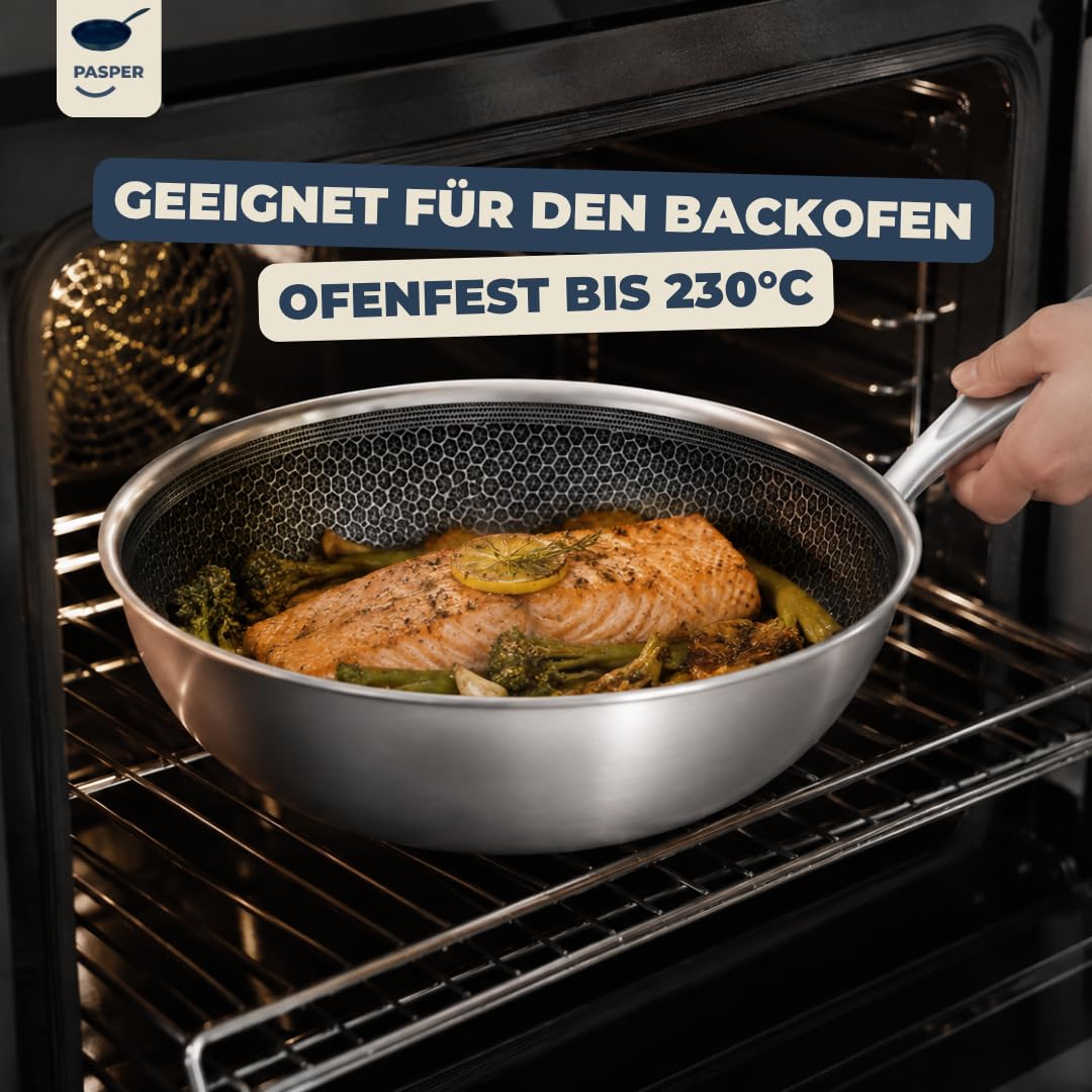 Pasper Patelnia wok Ø 28 cm – nie zawiera PFAS – indukcja, elektryczna, ceramiczna, gazowa i piekarnik – patelnia ze stali nierdzewnej z odporną na zarysowania powłoką zapobiegającą przywieraniu o