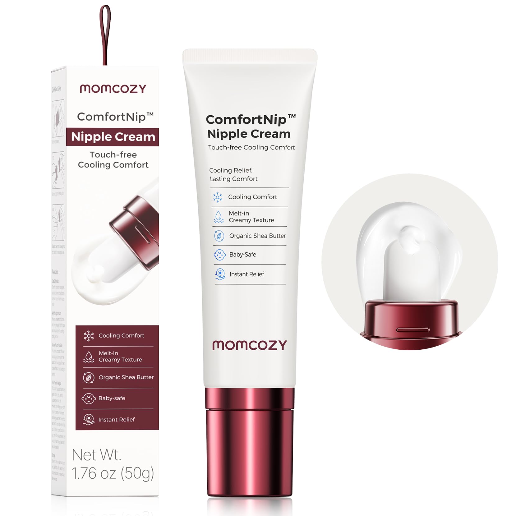 Crema para pezones Momcozy ComfortNip, refrescante y sin contacto, para la lactancia materna, alivio instantáneo, fórmula a base de plantas, esencial para recién nacidos con aplicador cerámico refrescante, 1 76 oz