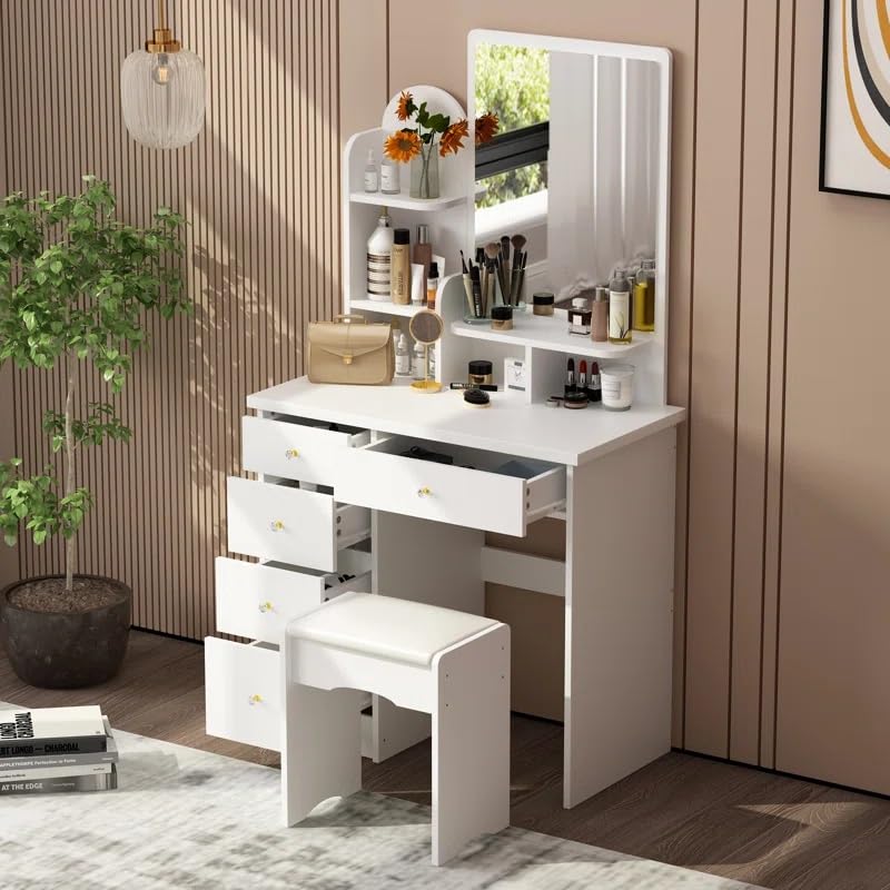 Image of Modern Vanity Dressing Table with Mirror, 4 Storage Drawers, White Finish
