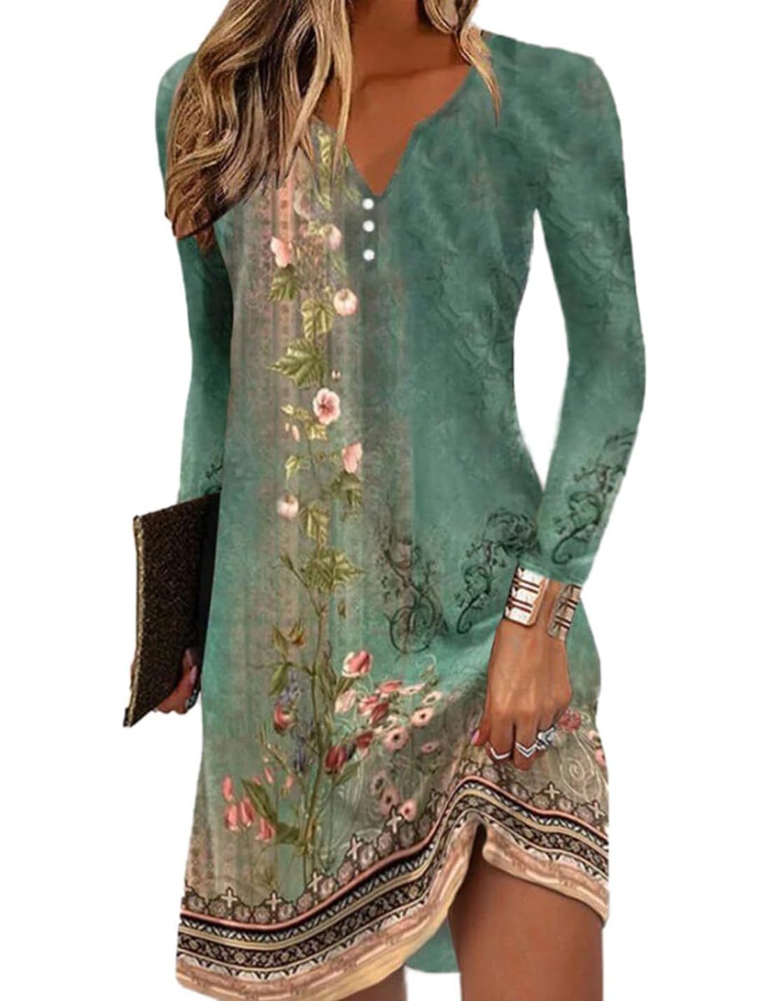 Yeenily Mujer Vestido Cuello Redondo Manga Larga Imprimir Túnicas Mini Ajustado Casual Vintage Otoño Vestir