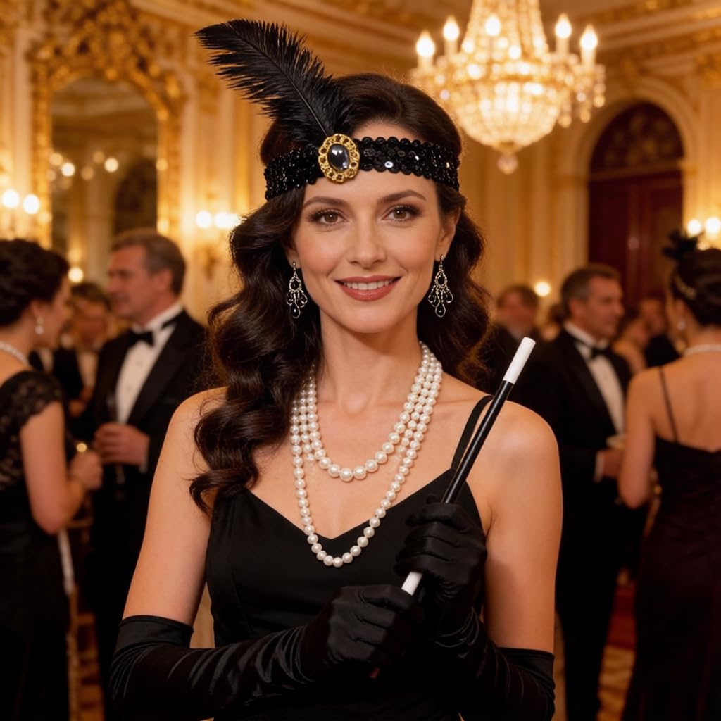 Accesorios años 20 para mujer – Conjunto de 6 piezas estilo Gatsby & Charleston – Diadema con plumas, guantes de satén, collar de perlas – para noche grande de Gatsby, Halloween y fiesta de disfraces — view 4