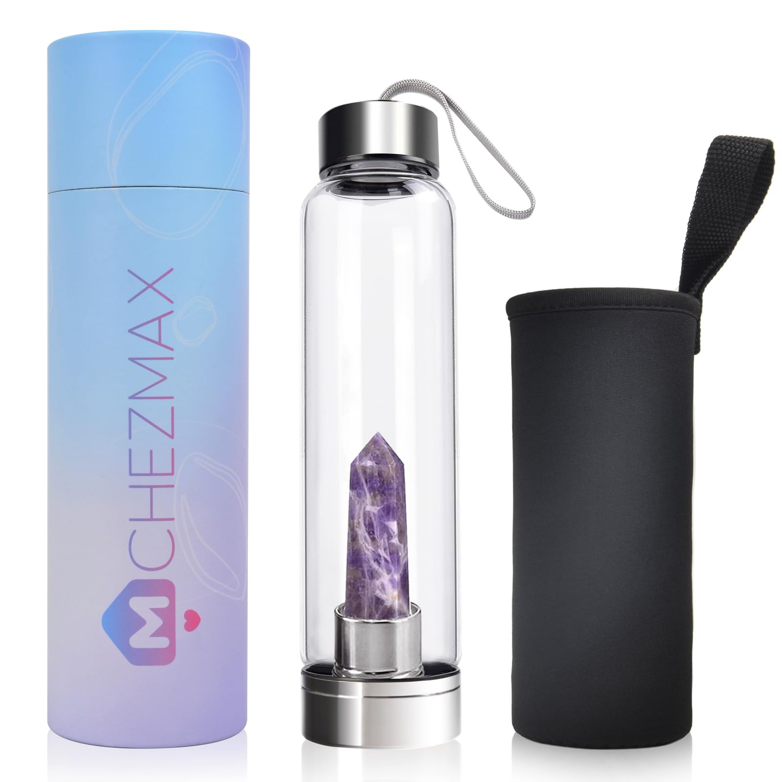 ChezMax Crystal Glass Water Bottle Energy Quartz Gemstone Water Bottle with Changeable Natural Crystal Center for Healing and Wellness