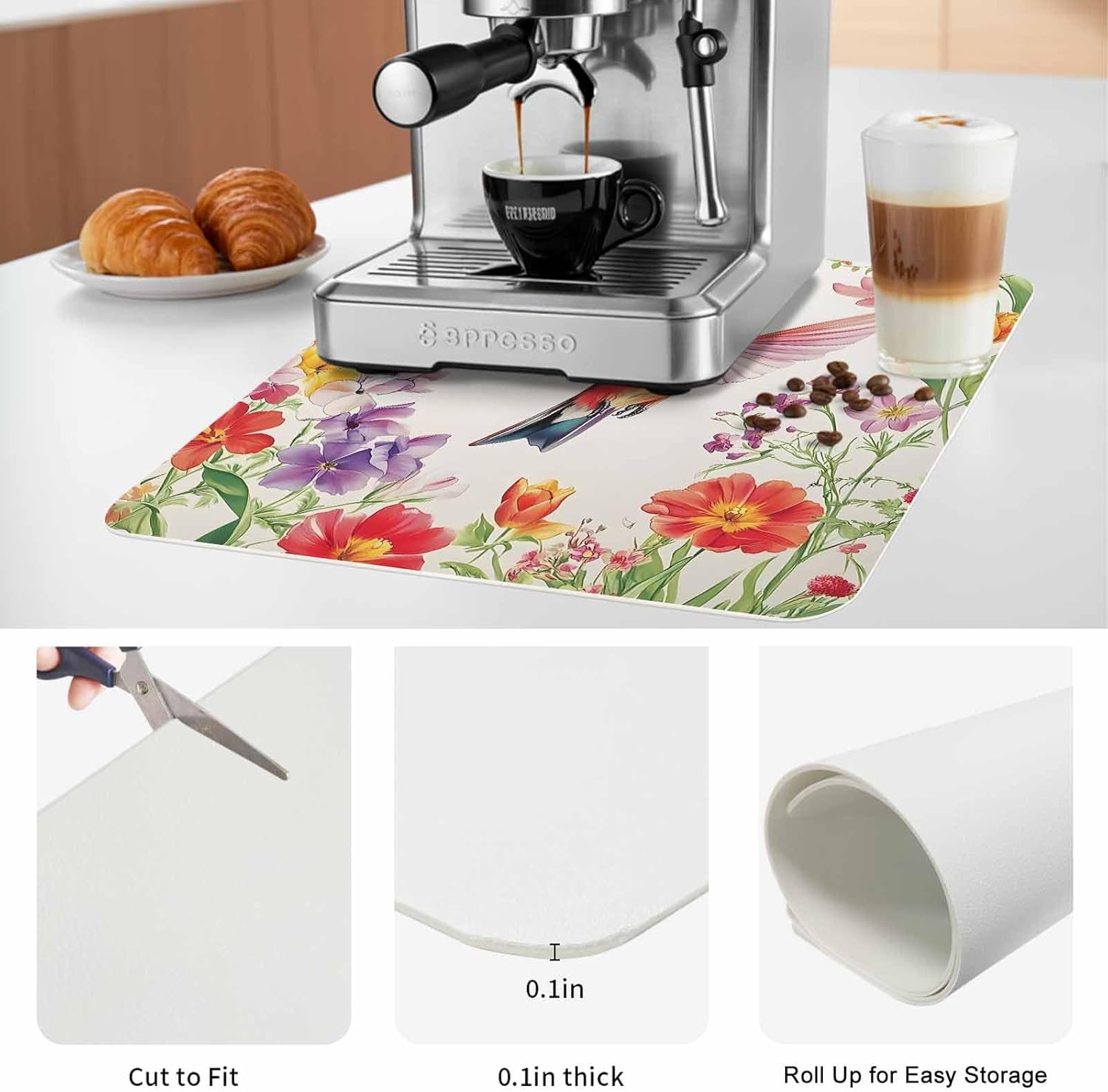 Coffee Mat Hummingbird Dish Drying Mat for Kitchen Counter Brid Spring Floral Coffee Bar Mat for Coffee Maker and Espresso Machine, Coffee Station Accessories 18x24in